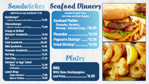 Lakewood Camping Resort Trading Post Sandwiches, Seafood, and BBQ Menu