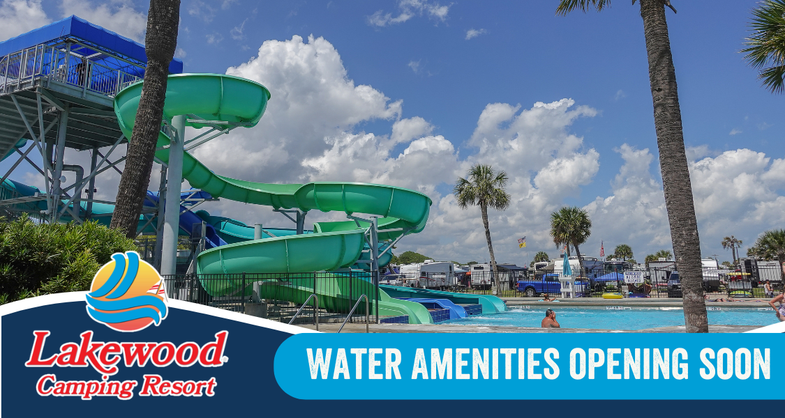 An Image of a sunny day with two twisty blue & green waterslides on the left side of the image. The Lakewood Camping Resort logo is in the lower left corner over a wave design. Text on the lower right reads "water amenites opening soon"